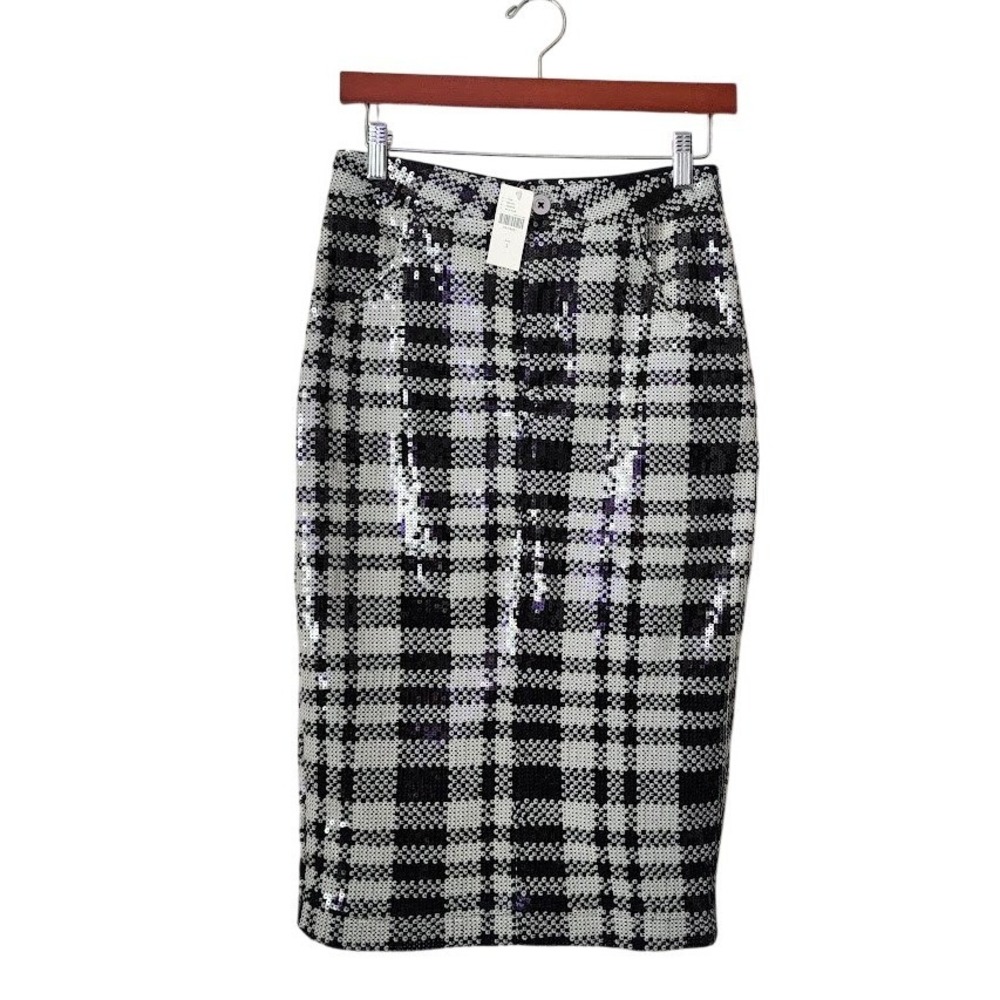 PILCRO Anthropologie Sequin Houndstooth Pencil Midi Skirt Black White NWT Size 2